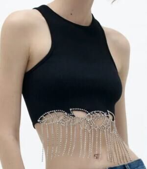 Zara Black Ribbed Cropped Halter Top Rhinestone Fringe Hem XS-Small